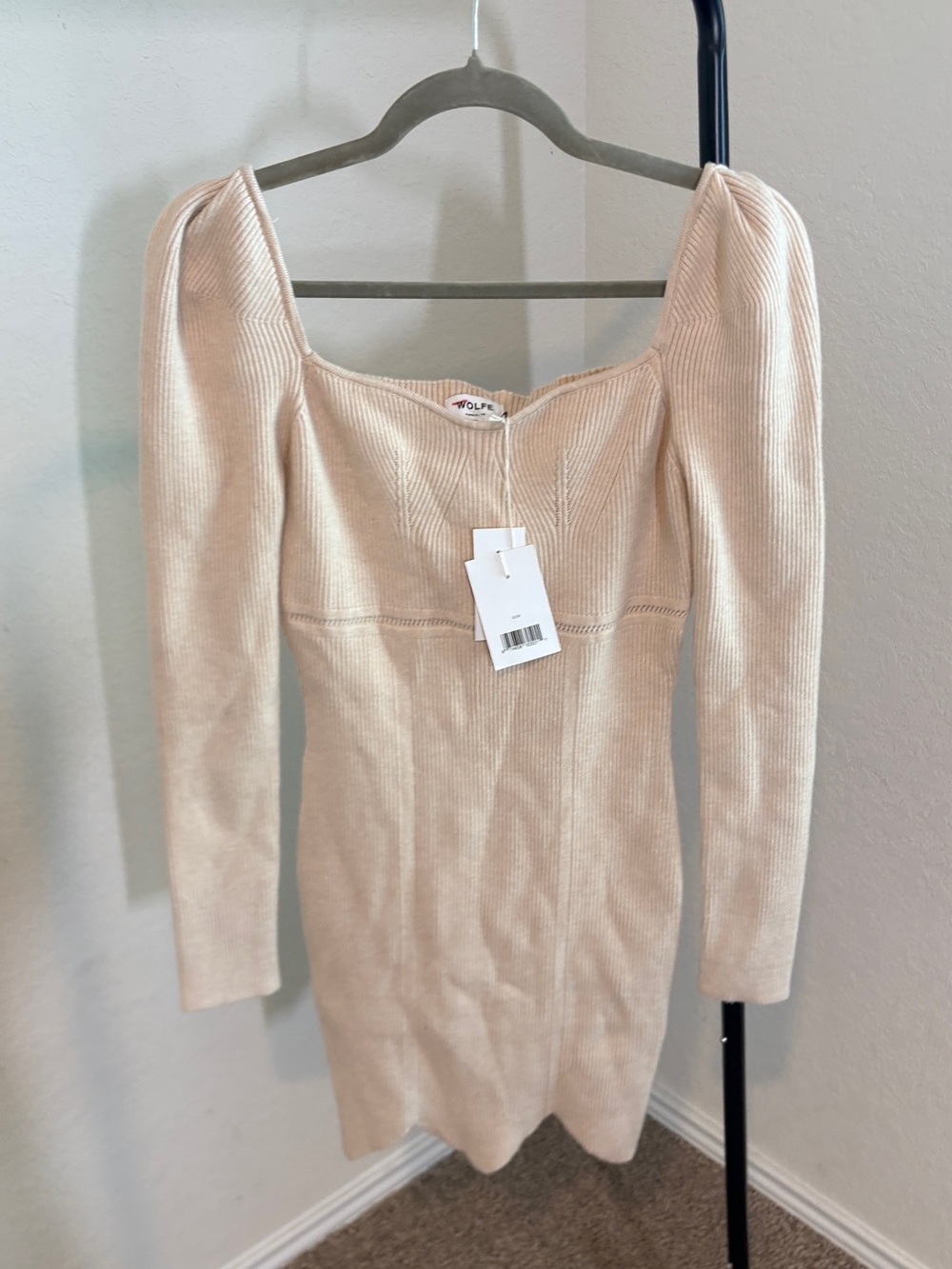 WOLFE Cream Ribbed Puff-Shoulder Ribbed Knit Long Sleeve Mini Dress